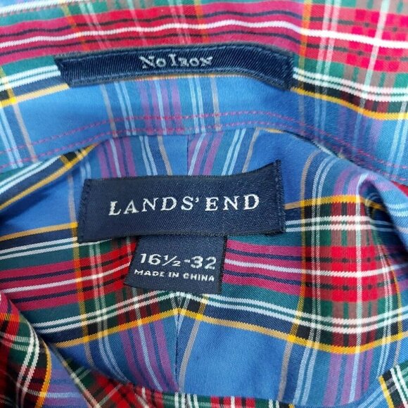 Land's End Size 16.5-32 No Iron 100% Cotton Plaid Button Down Shirt Blue Red - Picture 5 of 5